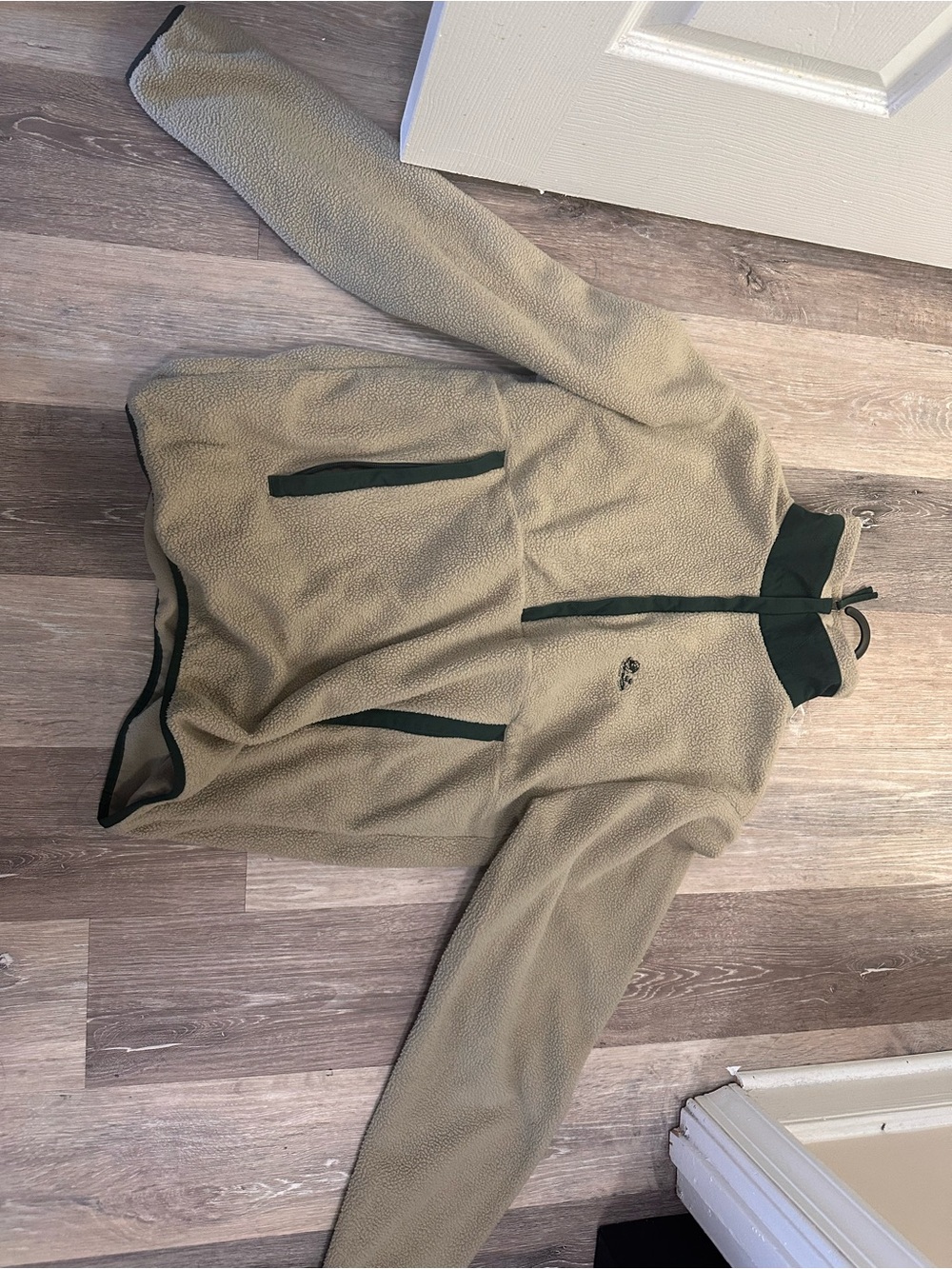 Aime Leon Dore Beige Fleece Zip-Up Sweater with Dark Green Trim